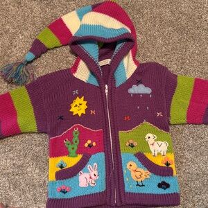 Whimsical Purple Kids Hooded Sweater with Animal Patterns, Size 2T